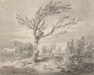 Paysage avec trois chevaux et un arbre au premier plan - James Ward