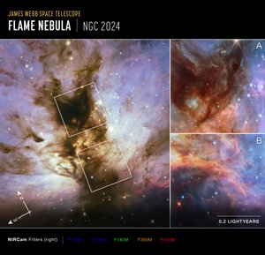 Nébuleuse de la Flamme : observations du télescope Hubble et du télescope Webb (image Compass) - James Webb Space Telescope (NASA)