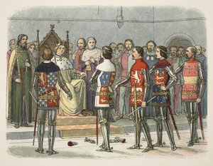 Arundel, Gloucester, Nottingham, Derby et Warwick devant Richard II, de A Chronicle of England BC 55 to AD 1485, pub. Londres