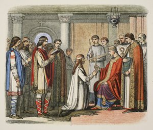 Baptême du roi Guthorm, 878 après J.-C., tiré de A Chronicle of England BC 55 to AD 1485, pub. Londres