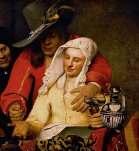 Un homme tend une pièce à une femme touchant sa poitrine (détail) - Johannes Vermeer