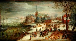Vue de Shelle et de la rivière Escaut en hiver avec un marché et des patineurs