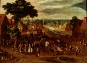 Un village avec des voyageurs devant une auberge