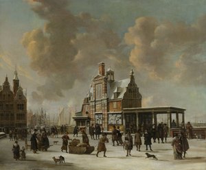 Le Paalhuis et le Nieuwe Brug, Amsterdam, en hiver - Jan Abrahamsz. Beerstraten