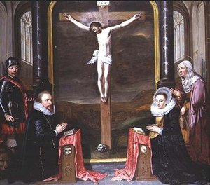Une Crucifixion avec Portraits des Donateurs Adriaen Meusyenbroeck et sa Femme, Anna Elant, Assistés par St. Adrien et Ste. Élisabeth