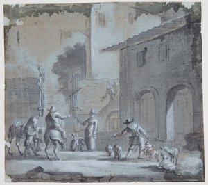Scène de rue avec une porte ouverte, des figures et des animaux