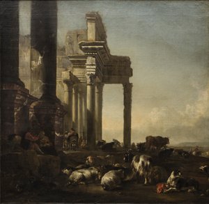 Paysage italien avec paysans, bétail et moutons près de ruines classiques, vers 1650 - Jan Baptist Weenix