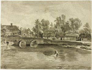 Homme pêchant dans la rivière près du village - Jan Baptiste de Jonghe