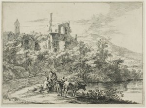 Paysage avec ruines et deux vaches au bord de l
