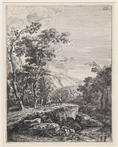 Paysage avec une femme montée sur une mule le long de l