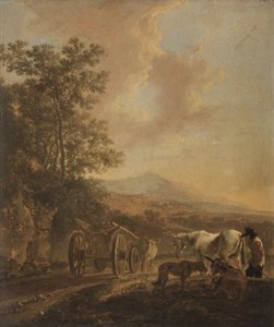 Berger avec un char à bœufs dans un paysage à l