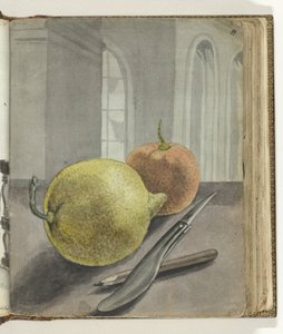 Nature morte avec fruits, couteau et crayon