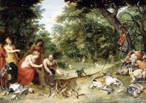 Allégorie des éléments, Terre, Air et Eau : Nymphes se baignant dans une clairière boisée avec des trophées de chasse à proximité, c.1621