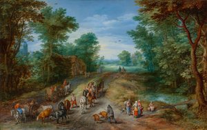 Paysage boisé avec voyageurs