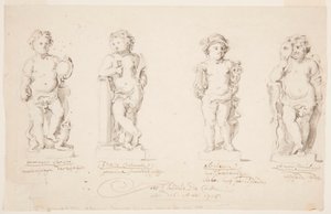 Dessin, projets de statues : "Sagesse". "Constance". "Eloquence". "Cupidon déguisé", 1726