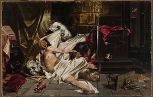 Homme se battant avec des loups