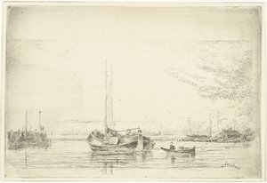 Vue de rivière avec barque et canot