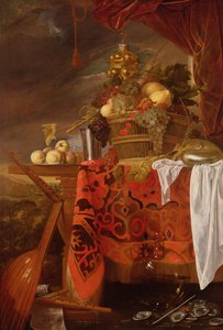 Un panier de fruits mélangés avec coupe dorée, calice en argent, nautile, verre et pêches sur une assiette - Jan Davidsz de Heem