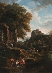 Paysage classique avec des figures au premier plan, des ruines à gauche et une figure au centre faisant un sacrifice - Jan Frans van Bloemen