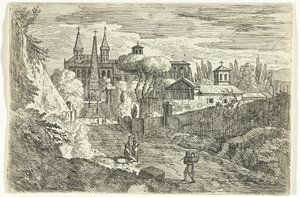 Paysage italianisant avec des voyageurs près des remparts