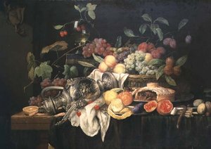 Nature morte avec flacon en étain, tarte aux fruits et fruits