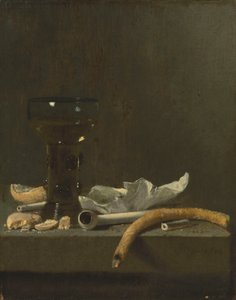 Nature morte avec un roemer, une pipe en terre et une bougie allumée sur une corniche - Jan Fris