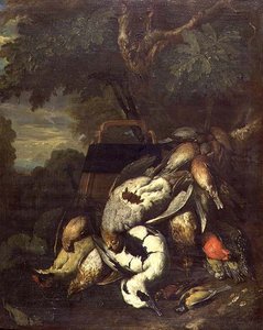 Grouse mort, pic, canard et autres oiseaux morts dans un paysage boisé - Jan Fyt