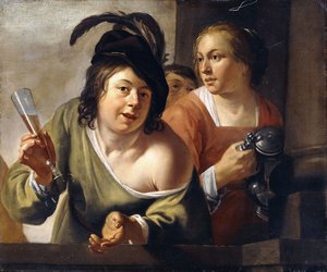 Un jeune buveur et une servante buvant sur un balcon - Jan Gerritsz. van Bronckhorst