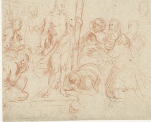 Christ avec la croix, entouré de figures agenouillées