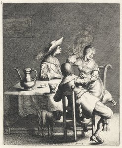 Fumeur soufflant de la fumée vers une femme (Geur) (De vijf zintuigen) - Jan Gillisz. van Vliet