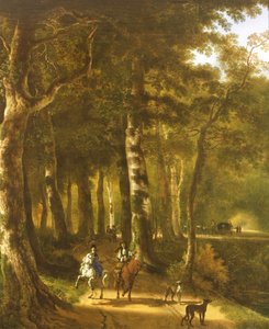Voyageurs sur un chemin dans un paysage boisé - Jan Hackaert