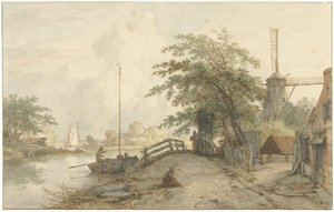 Paysage avec pont et maison sur une route le long d