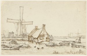 Paysage avec maisons et moulin à vent