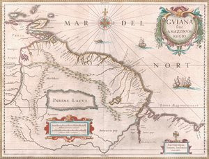 Carte créée vers 1649 représentant la région de la Guyane. Territoire revendiqué par l