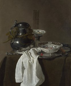 Nature morte avec un flacon en étain et deux bols Ming - Jan Jansz. Treck