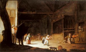 Un masqué effrayant des enfants dans une grange - Jan Jansz van Buesem