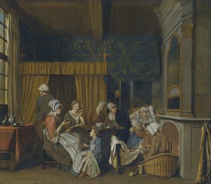 Une famille prenant le thé en célébrant la naissance de jumeaux - Jan Josef Horemans the Younger