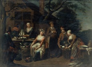 Groupe de paysans, légumes et fruits