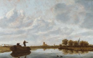 Hommes sur une péniche dans un paysage fluvial avec une église lointaine (huile sur panneau) - Jan Josefsz. van (circle of) Goyen