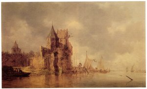 Une tour médiévale sur un rempart de château avec des navires à voile à un quai et une barque au premier plan, vers 1642 - Jan Josephsz van Goyen