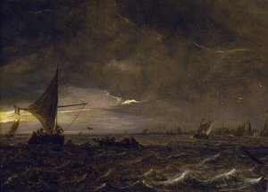Bateaux de pêche dans un estuaire au crépuscule, avec vue sur une ville et son clocher à l