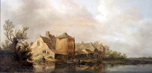 Scène de rivière avec une auberge