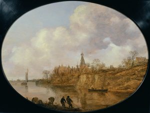 Trois pêcheurs tirant un filet et des paniers sur la rive d