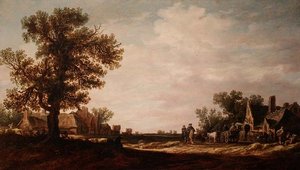 Scène de village avec chevaux et charrettes