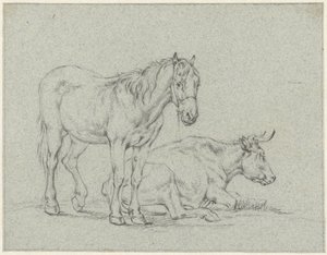 Cheval debout et une vache couchée