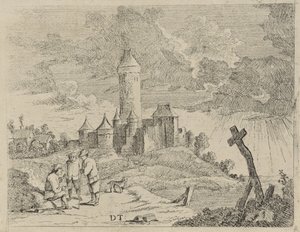 Paysage avec château et trois hommes