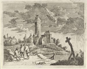 Paysage avec château et trois hommes
