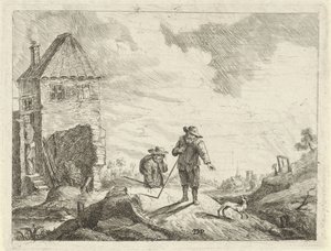 Deux paysans avec un chien sur un chemin de campagne - Jan Lauwryn Krafft (I) (possibly)