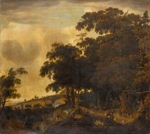 Paysage boisé avec des bûcherons