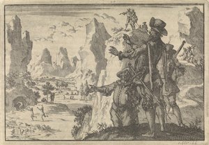 Espagnols armés regardant des hommes sauvages depuis des rochers, vers 1600 - Jan Luyken